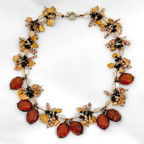 Cluster Necklace with Deep Amber Color Faceted Beads - J. Crew? - Picture 2 of 7